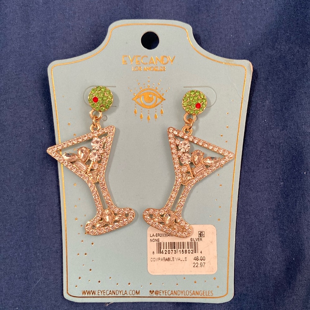 Eyecandy earrings, martini glasses with olive oil, silver with green olive